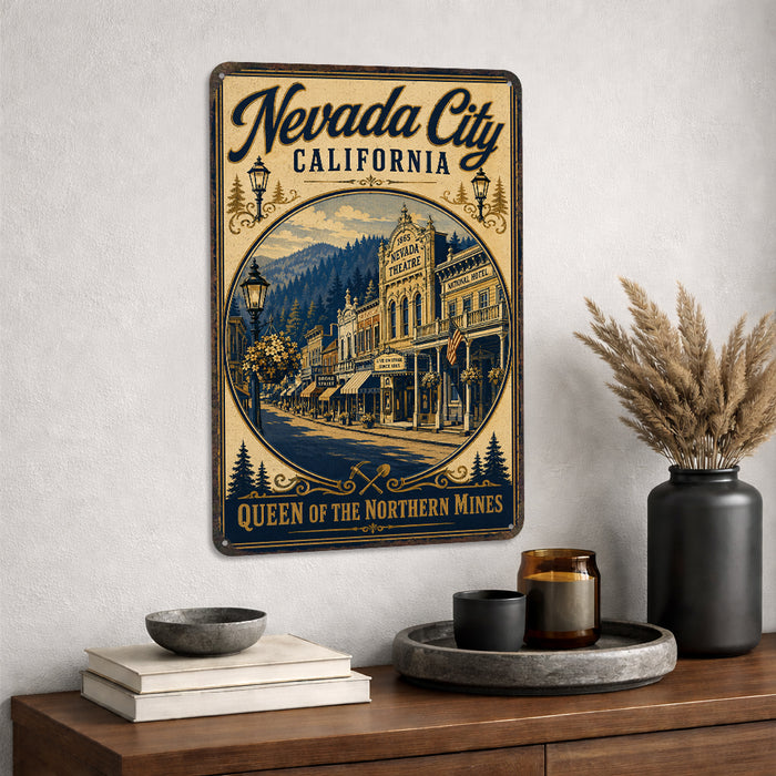 Nevada City Queen of the Northern Mines metal sign with vintage weathered-tin travel poster illustration — Nevada City Queen