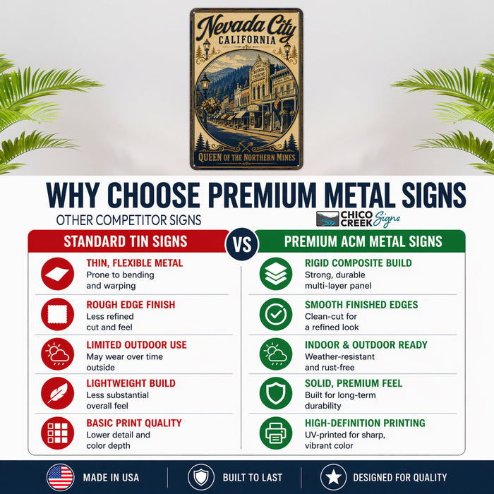 Nevada City Queen of the Northern Mines metal sign with vintage weathered-tin travel poster illustration — Nevada City Queen