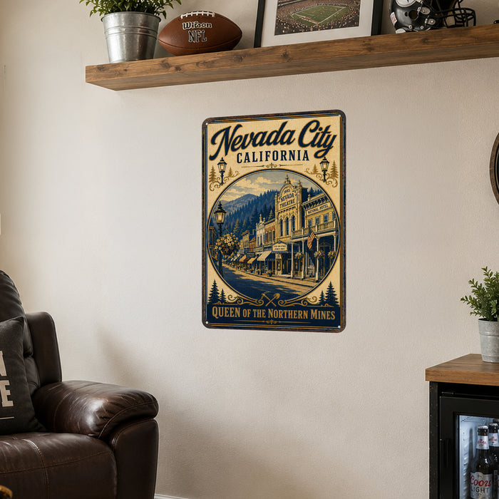 Nevada City Queen of the Northern Mines metal sign with vintage weathered-tin travel poster illustration — Nevada City Queen