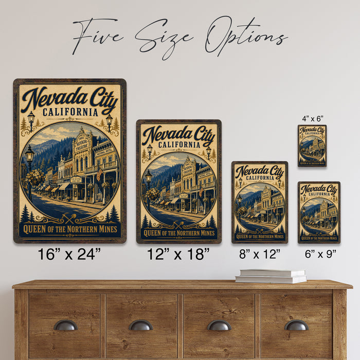 Nevada City Queen of the Northern Mines metal sign with vintage weathered-tin travel poster illustration — Nevada City Queen