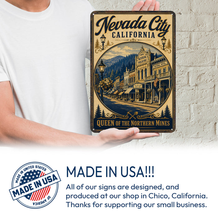 Nevada City Queen of the Northern Mines metal sign with vintage weathered-tin travel poster illustration — Nevada City Queen