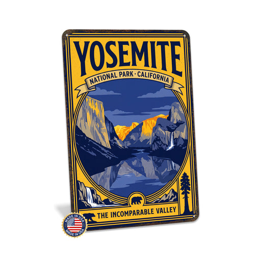Yosemite National Park California metal sign with vintage weathered-tin travel poster illustration — Yosemite National Park