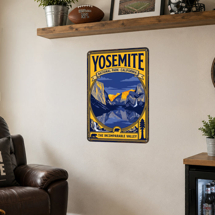 Yosemite National Park California metal sign with vintage weathered-tin travel poster illustration — Yosemite National Park