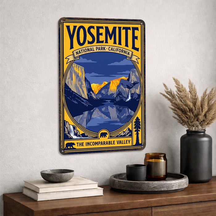 Yosemite National Park California metal sign with vintage weathered-tin travel poster illustration — Yosemite National Park