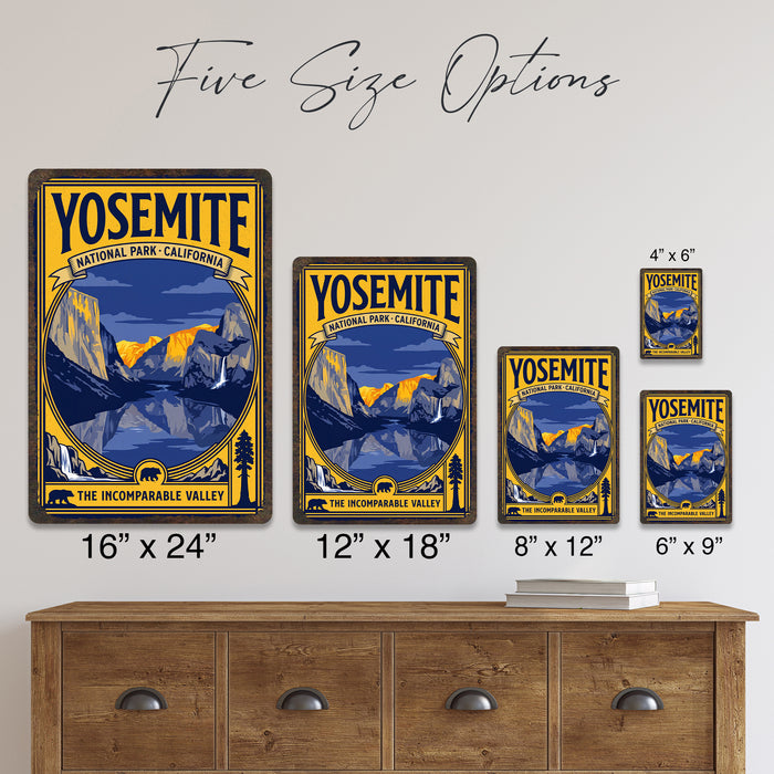 Yosemite National Park California metal sign with vintage weathered-tin travel poster illustration — Yosemite National Park