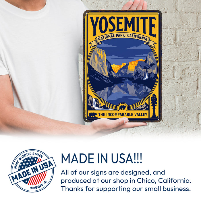 Yosemite National Park California metal sign with vintage weathered-tin travel poster illustration — Yosemite National Park
