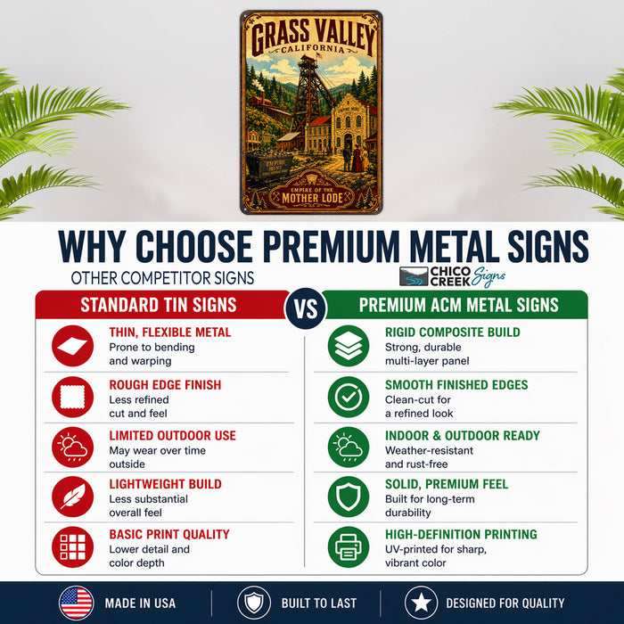Grass Valley California Empire Mine metal sign with vintage weathered-tin travel poster illustration — Grass Valley