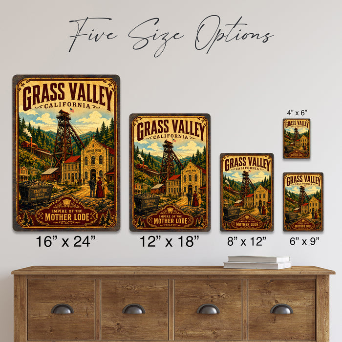 Grass Valley California Empire Mine metal sign with vintage weathered-tin travel poster illustration — Grass Valley