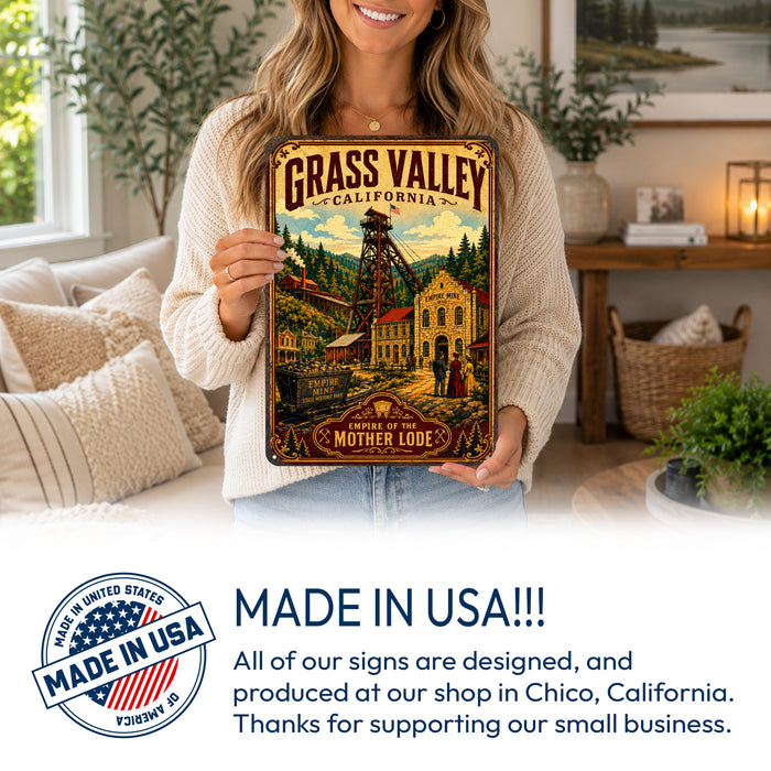 Grass Valley California Empire Mine metal sign with vintage weathered-tin travel poster illustration — Grass Valley