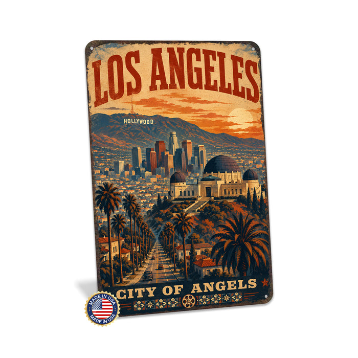 Los Angeles California City of Angels metal sign with vintage weathered-tin travel poster illustration — Los Angeles
