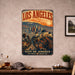 Los Angeles California City of Angels metal sign with vintage weathered-tin travel poster illustration — Los Angeles