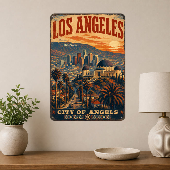 Los Angeles California City of Angels metal sign with vintage weathered-tin travel poster illustration — Los Angeles