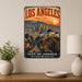 Los Angeles California City of Angels metal sign with vintage weathered-tin travel poster illustration — Los Angeles