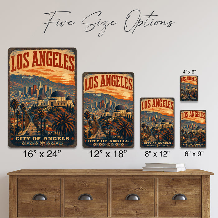 Los Angeles California City of Angels metal sign with vintage weathered-tin travel poster illustration — Los Angeles