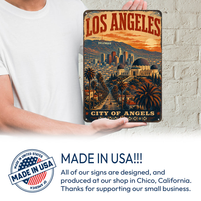 Los Angeles California City of Angels metal sign with vintage weathered-tin travel poster illustration — Los Angeles