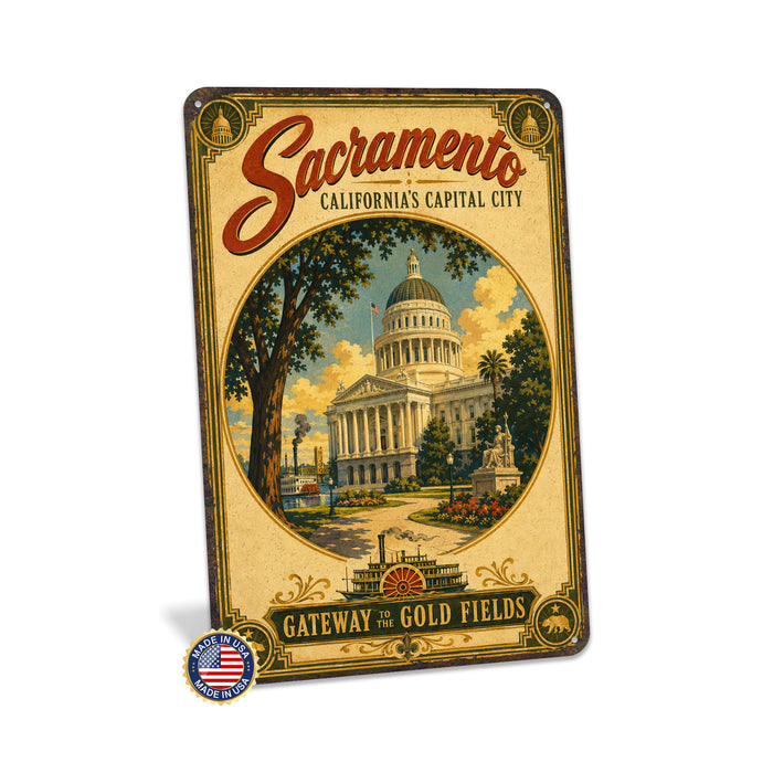 Sacramento California Capital City metal sign with vintage weathered-tin travel poster illustration — Sacramento California