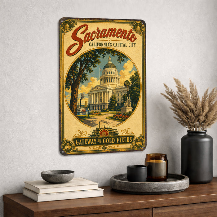 Sacramento California Capital City metal sign with vintage weathered-tin travel poster illustration — Sacramento California