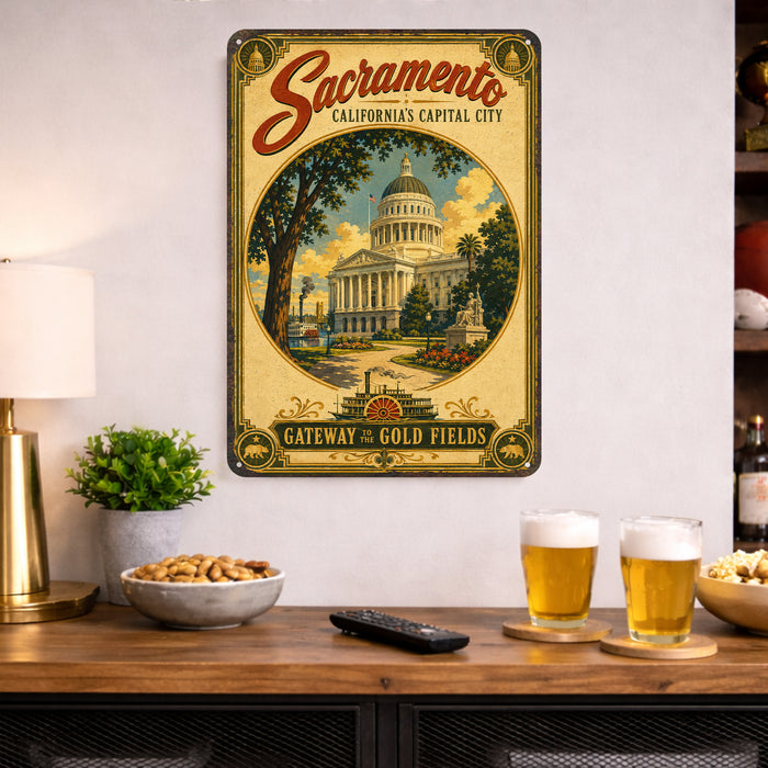 Sacramento California Capital City metal sign with vintage weathered-tin travel poster illustration — Sacramento California