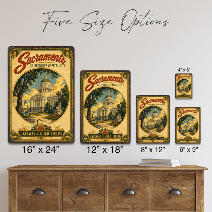 Sacramento California Capital City metal sign with vintage weathered-tin travel poster illustration — Sacramento California