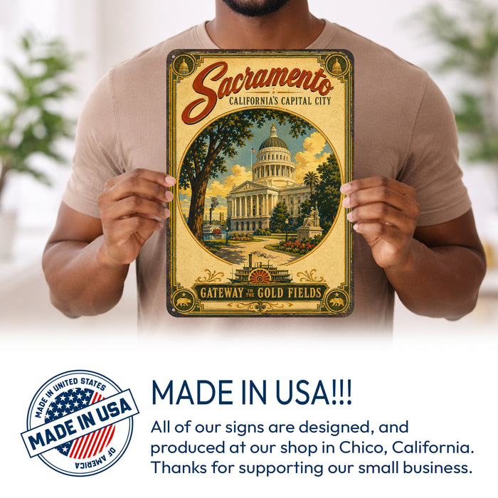 Sacramento California Capital City metal sign with vintage weathered-tin travel poster illustration — Sacramento California