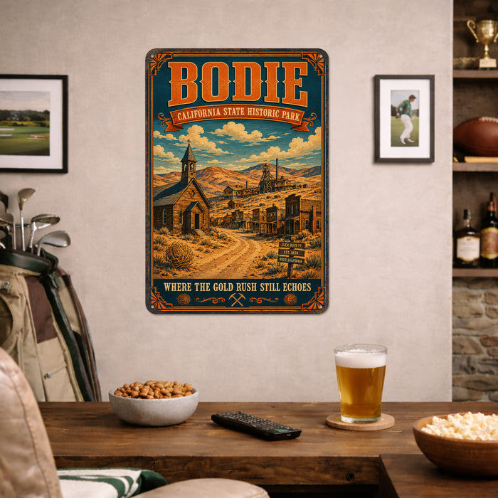 Bodie California State Historic Park metal sign with vintage weathered-tin travel poster illustration — Bodie California