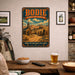 Bodie California State Historic Park metal sign with vintage weathered-tin travel poster illustration — Bodie California
