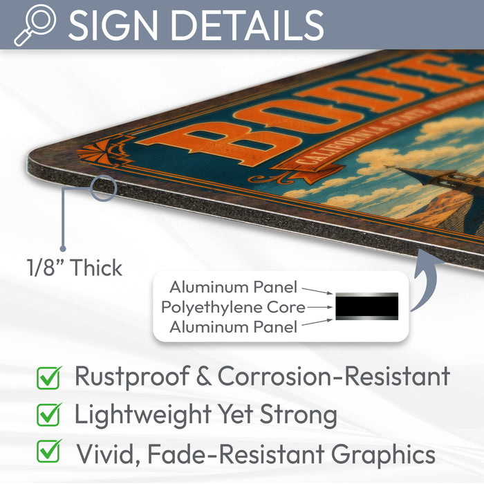 Bodie California State Historic Park metal sign with vintage weathered-tin travel poster illustration — Bodie California