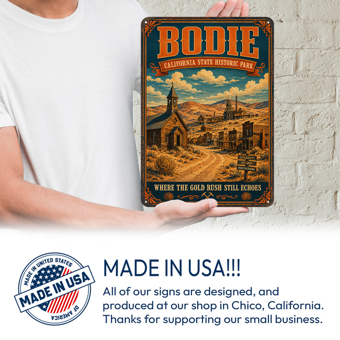 Bodie California State Historic Park metal sign with vintage weathered-tin travel poster illustration — Bodie California