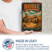 Bodie California State Historic Park metal sign with vintage weathered-tin travel poster illustration — Bodie California