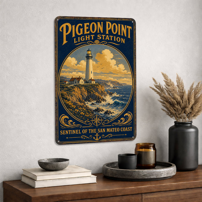 Pigeon Point Light Station California metal sign with vintage weathered-tin travel poster illustration — Pigeon Point Light