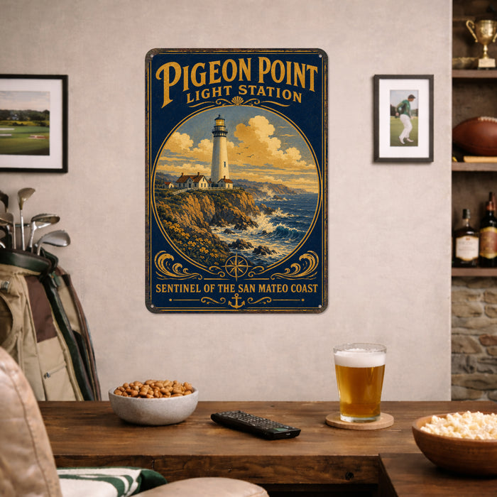 Pigeon Point Light Station California metal sign with vintage weathered-tin travel poster illustration — Pigeon Point Light