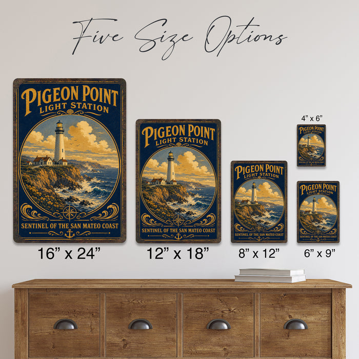 Pigeon Point Light Station California metal sign with vintage weathered-tin travel poster illustration — Pigeon Point Light