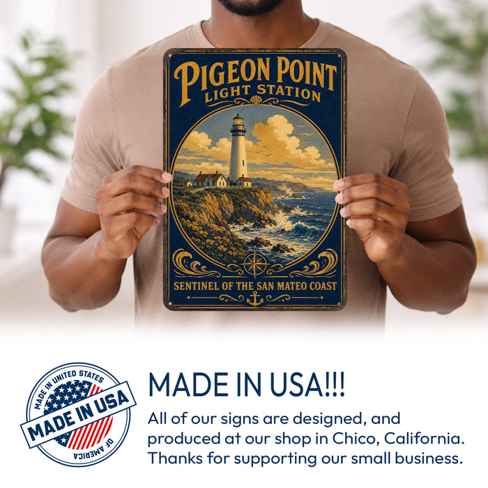 Pigeon Point Light Station California metal sign with vintage weathered-tin travel poster illustration — Pigeon Point Light