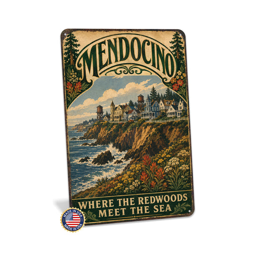Mendocino California metal sign with vintage weathered-tin travel poster illustration — Mendocino California