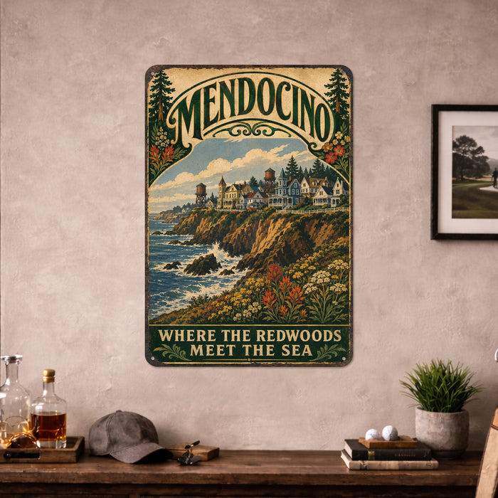 Mendocino California metal sign with vintage weathered-tin travel poster illustration — Mendocino California