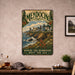 Mendocino California metal sign with vintage weathered-tin travel poster illustration — Mendocino California