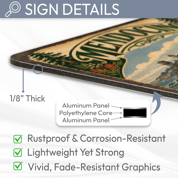 Mendocino California metal sign with vintage weathered-tin travel poster illustration — Mendocino California