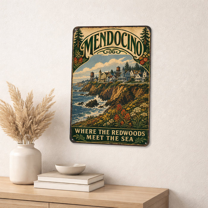 Mendocino California metal sign with vintage weathered-tin travel poster illustration — Mendocino California