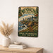Mendocino California metal sign with vintage weathered-tin travel poster illustration — Mendocino California