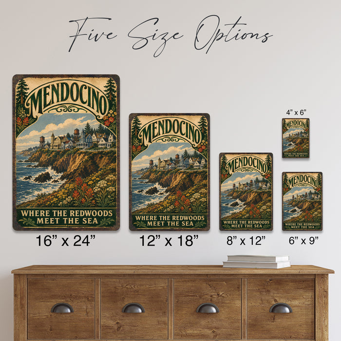Mendocino California metal sign with vintage weathered-tin travel poster illustration — Mendocino California