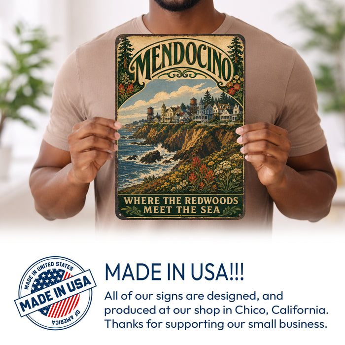 Mendocino California metal sign with vintage weathered-tin travel poster illustration — Mendocino California
