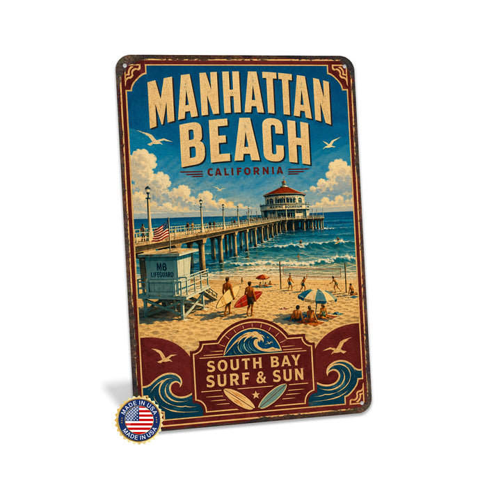 Manhattan Beach California metal sign with vintage weathered-tin travel poster illustration — Manhattan Beach California