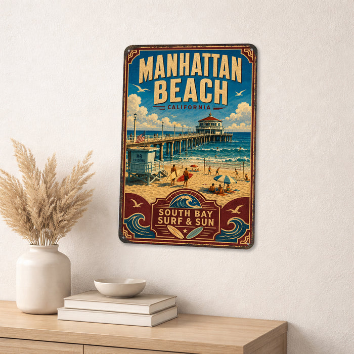 Manhattan Beach California metal sign with vintage weathered-tin travel poster illustration — Manhattan Beach California