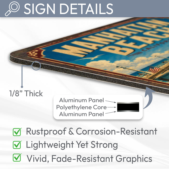 Manhattan Beach California metal sign with vintage weathered-tin travel poster illustration — Manhattan Beach California