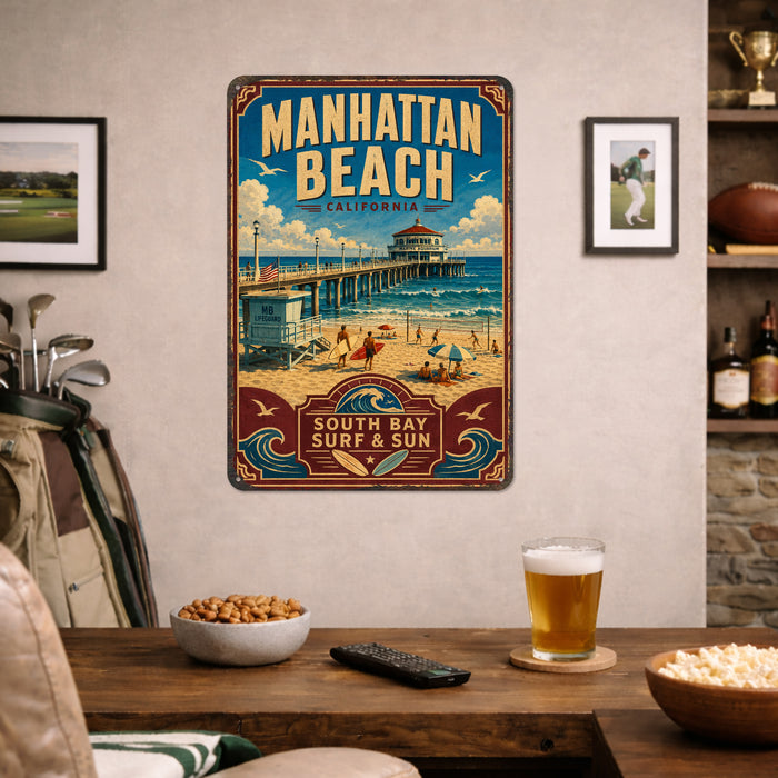 Manhattan Beach California metal sign with vintage weathered-tin travel poster illustration — Manhattan Beach California