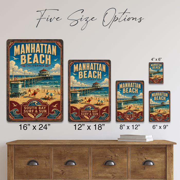 Manhattan Beach California metal sign with vintage weathered-tin travel poster illustration — Manhattan Beach California
