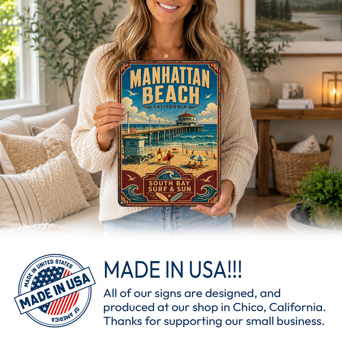Manhattan Beach California metal sign with vintage weathered-tin travel poster illustration — Manhattan Beach California