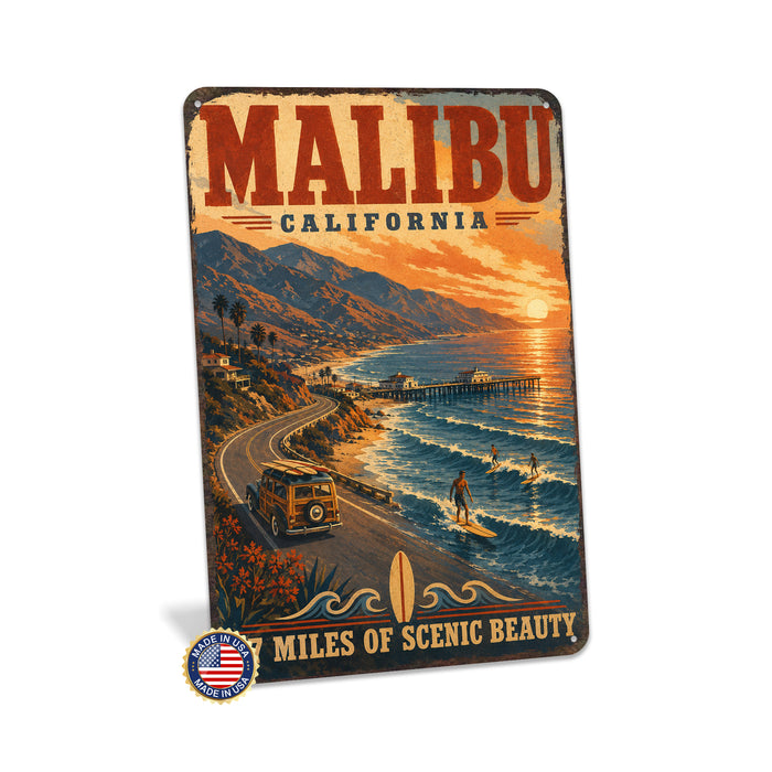 Malibu California Beach metal sign with vintage weathered-tin travel poster illustration — Malibu California Beach