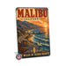 Malibu California Beach metal sign with vintage weathered-tin travel poster illustration — Malibu California Beach