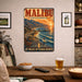 Malibu California Beach metal sign with vintage weathered-tin travel poster illustration — Malibu California Beach